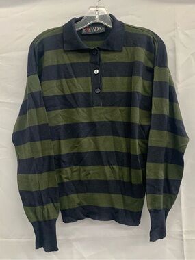 Escada Men’s Navy and Olive Green Striped Polo Sweater